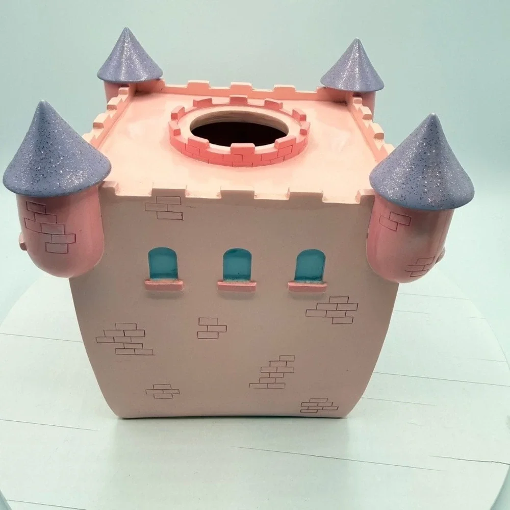 Pink Princess Castle Tissue Box Cover Glitter Turrets Resin Nursery Decor Square